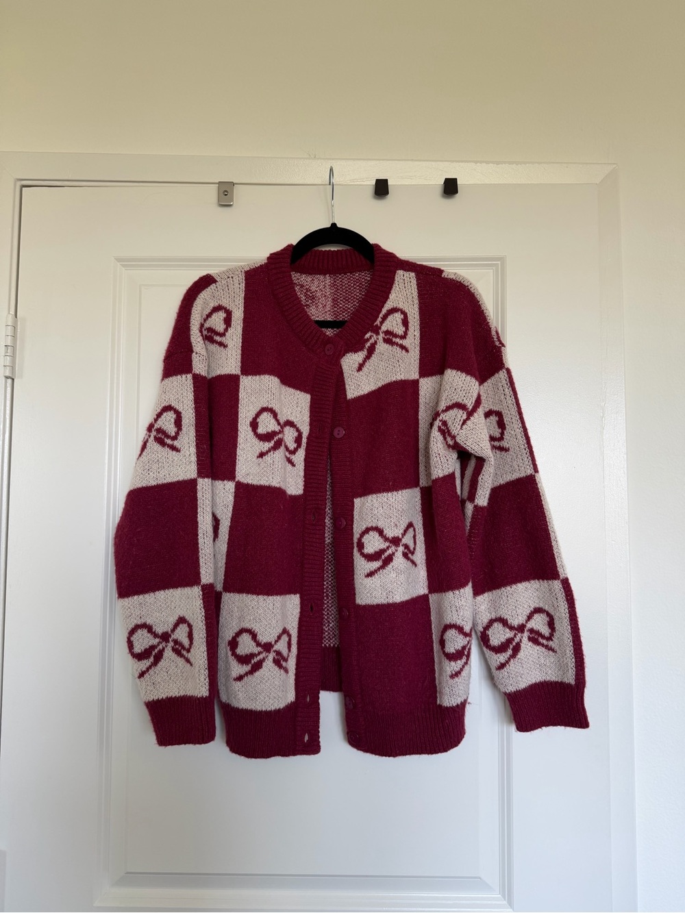 Chunky Checkerboard Cardigan with Bow
